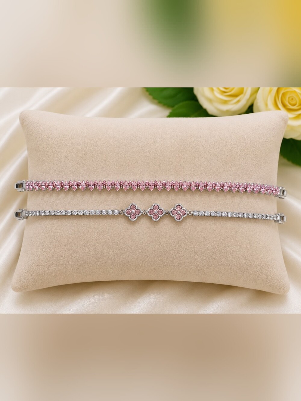 Pink Tennis Bracelet & Pink Clover Bracelet Set | 7" & 8"